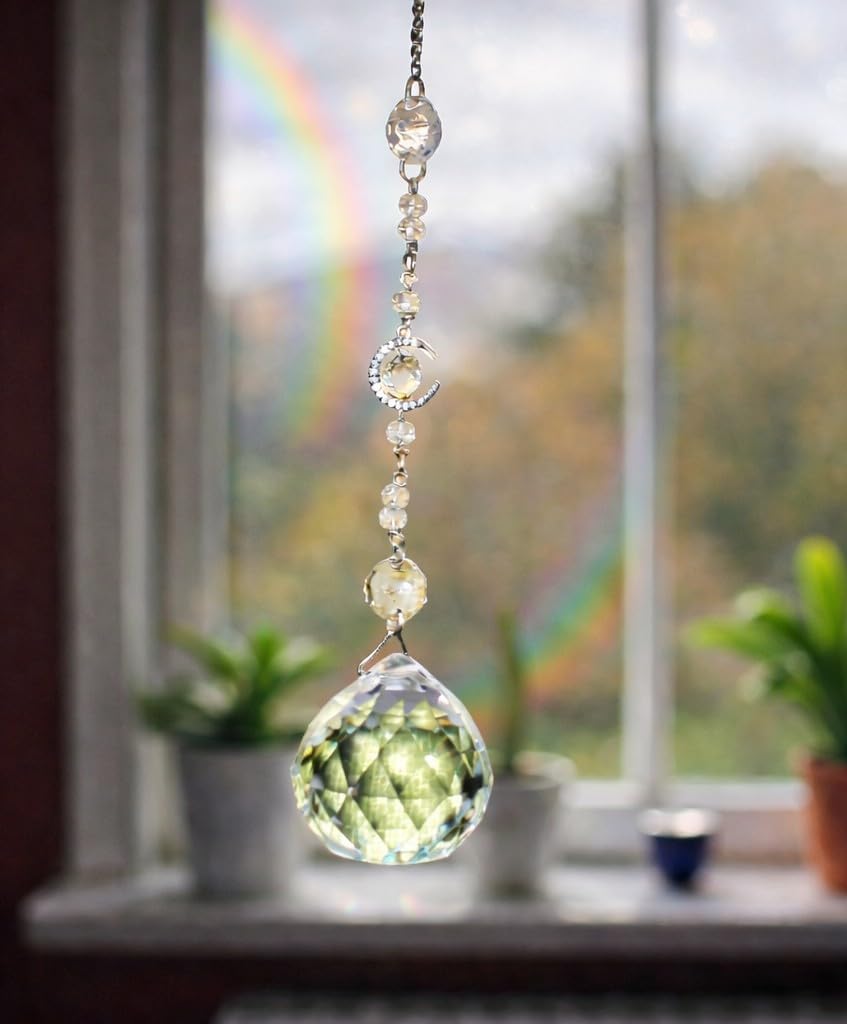 ELI Array Crystal Ball Suncatcher for Window | Faceted Crystal Prism Hanging with Moon Charm | Rainbow Light Catcher for Home, Balcony & Living Room Décor
