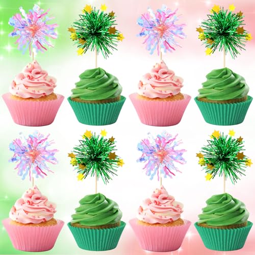 Geelin 40 Pcs Witch Cupcake Toppers Foil Firework Princess Cake Topper Pink & Green Sparkle Tinsel Cupcake Decoration with Magic Wand Design for Witch Princess Party(Special)