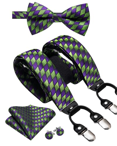 Image of Dubulle Suspender and Bow Tie for Men Paisley Solid Mens Suit Braces Pretied Bowtie and Handkerchief Cufflinks Formal Wedding