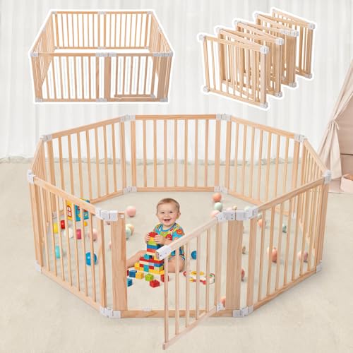 Image of Foldable Wooden Playpen-61"x61"x25"-Large Baby Gate Playpen with Child-Proof Lock-Easy Assembly, Portable Design for Babies & Toddlers- Shape& Size Adjustable Baby Fence Play Area(Wood, 8 Panel)