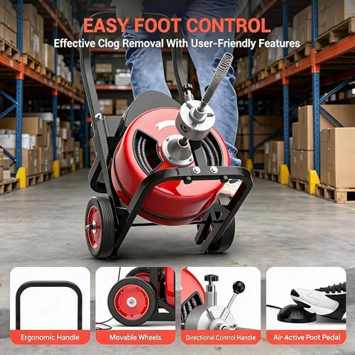 Image of Garvee 100Ft 3 /4 Inch Drain Cleaning Machine. Sewer Snake 750w Auto Feed with 6 Cutter, Portable Drain Cleaning Machine Electric Drain Auger Sewer Auger Air-Activated Foot Switch for 4 inch to 8 inch Pipes