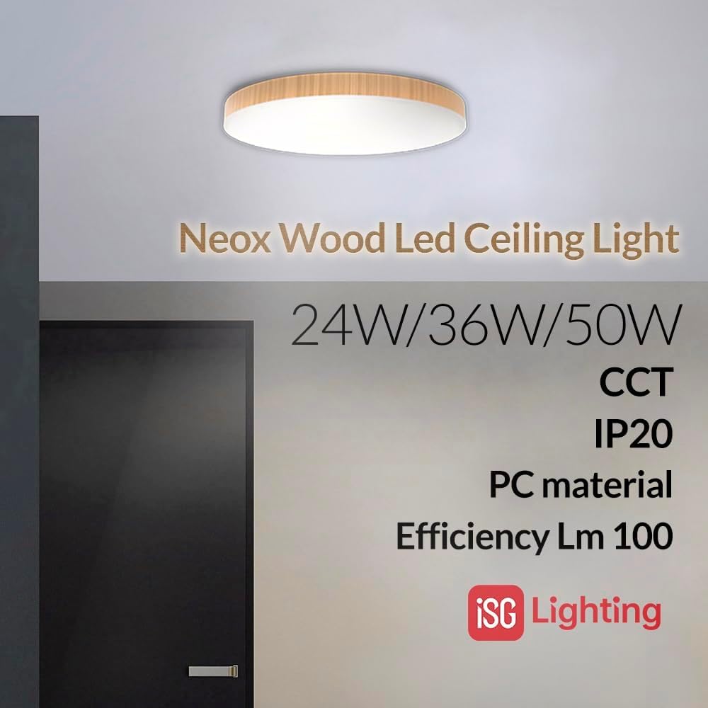 M Ledme - Lampa sufitowa LED Neox 50 W z drewna, temperatura barwowa CCT, idealna do kuchni, na balkon i do sypialni.
