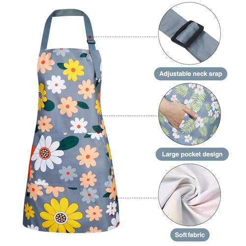 Image of BOUMUSOE 3 Pack Floral Aprons with Pocket, Blooming Womens Aprons Waterproof Adjustable Cooking Apron for Kitchen Gardening