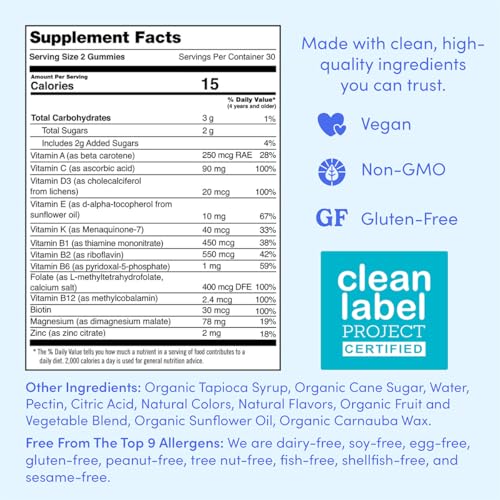 FIRST DAY Women’s Daily Supercharge Multivitamin Gummies – Vitamins A, B1, B6, B12, C, D3, E & K + Magnesium, Zinc, Biotin – Made w/Organic Fruits & Veggies, Only 2g Sugar – 2-Pk, 60 Day Supply