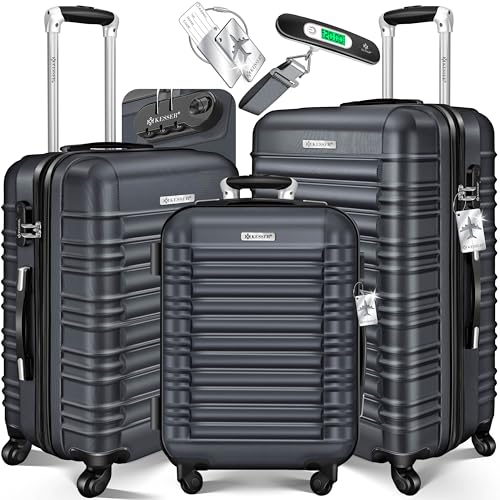 KESSER® 3tlg. Hartschalenkofferset Hartschalenkoffer Reisekoffer Set Reisekofferset Trolley Koffer 4 Rollen ABS-Hartschale Teleskopgriff Inkl. Kofferwaage + Gepäckanhänger Rollkoffer Schloss, M-L-XL