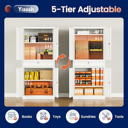 Image of Yizosh Metal Garage Storage Cabinet with Locking Doors and Adjustable Shelves, 71 inch Tool Storage Cabinet with 1 Drawer for Garage,Office,Warehouse (White)