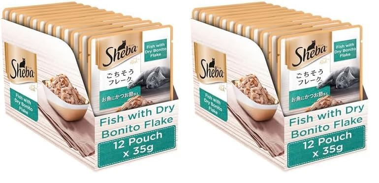 Sheba Rich Premium Adult (1+ Years) Wet Cat Food, Fish with Dry Bonito Flavour, 35 g Pouch (Pack of 24), High-Moisture Wet Food for Healthy Hydration