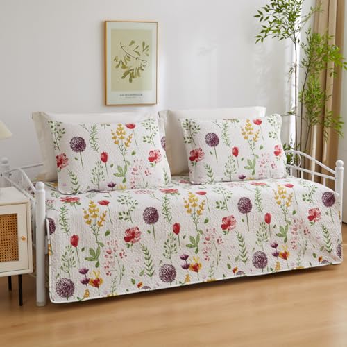 Image of Jarson 3 Pcs Floral Daybed Cover Set Twin Size Purple White Dandelion Flower Sofa Cover Bedding Sets Double Side Bed Set for All Season Botanical Pattern Daybed Quilt Set with Pillow Shams