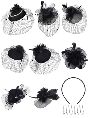 Geyoga 8 Pcs Fascinators Funeral Hats Pillbox Hat with Veil Feather Headband for Women Tea Party Church Halloween Costume (Black Simple Style)