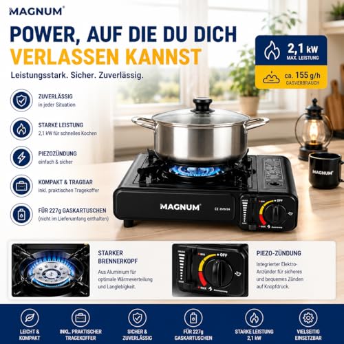 MAGNUM® Gaskocher inkl. 8 Kartuschen - Campingkocher mit Piezozündung - Camping Gaskocher stufenlos regulierbar - Gaskocher Camping 1-Flammig | Campingkocher | Testnote sehr gut | Camping Gaskocher | Piezozündung | 2,1 kW | Transportkoffer | Made in Europe Gas – Bild 3