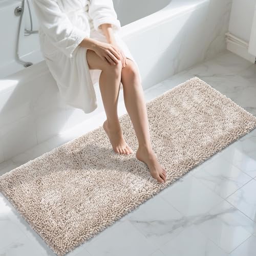 Image of Yimobra Long Bathroom Rugs Runner 60x24 Inch, Extra Thick Soft Absorbent Chenille Bath Mat, Non Slip Machine Washable, Quick Dry Bath Rugs for Bathroom Floor, Tub and Shower, Khaki