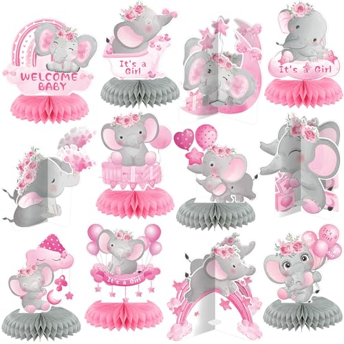 Moinchore 12 Pcs Pink Elephant Baby Shower Decorations Honeycomb Centerpieces Elephant Baby Shower Table Decoration Balloon Moon Flowers Table Topper for Birthday Party Favors Supplies