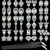 48PCS Paired Large 3D Silver Alloy Nail Rhinestones Charm with Iridescent Color for Manicure Metal Frame, Big Gem Jewel Stone Crystal Diamond for Nail Art, Tweezer Included