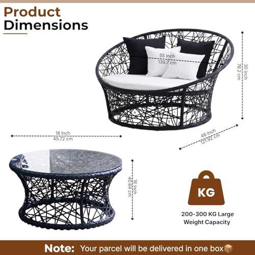 Image of DEVOKO Black & White Outdoor Wicker & Rattan Daybed For Poolside, Garden, Balcony, Patio, Beach, Terrace, Porch, Backyard - Unique Round Sofa Furniture, 139 Centimeters, 122 CM, 76 CM
