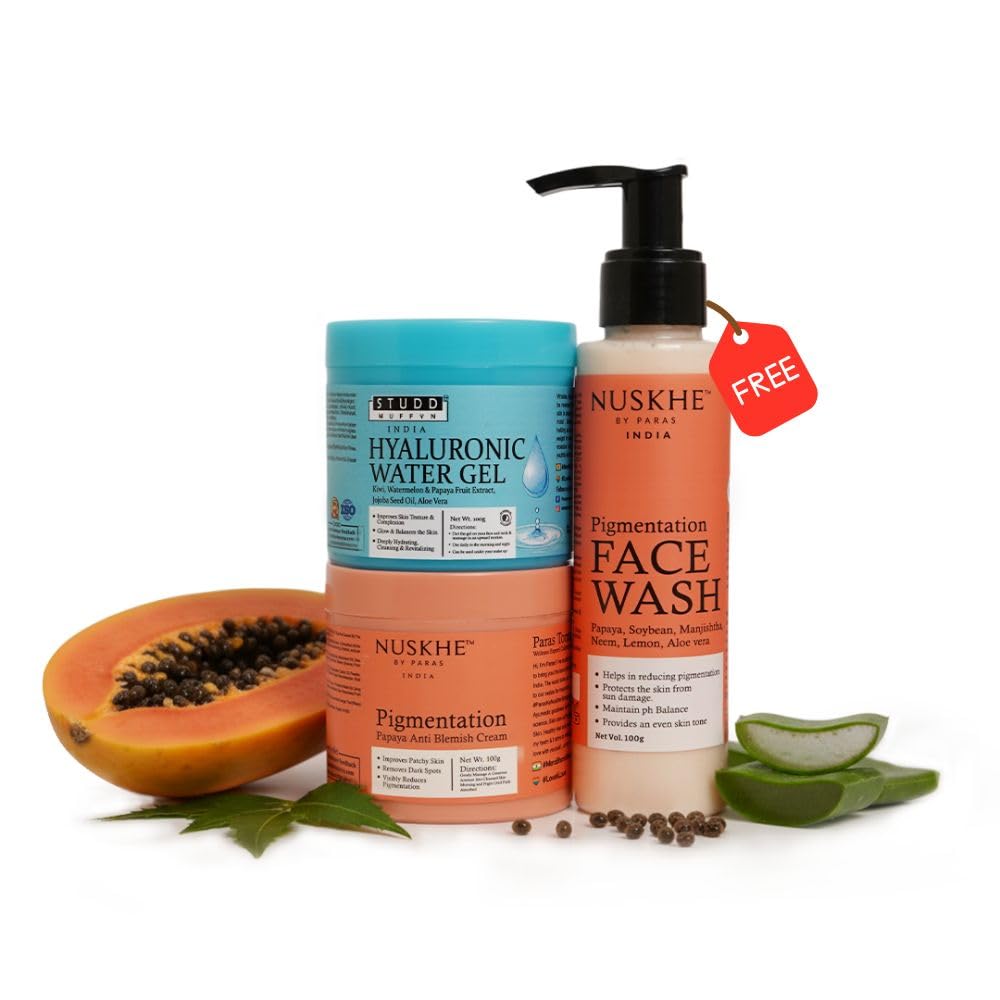 Nuskhe By Paras | Day & Night Pigmentation Care Trio | Papaya Pigmentation Facewash + Hyaluronic Water Face Gel (AM) + Papaya Pigmentation Cream (PM) | Dark Spots, Blemishes & Uneven Skin Tone Care | Skin care kit For Men & Women-picture-10
