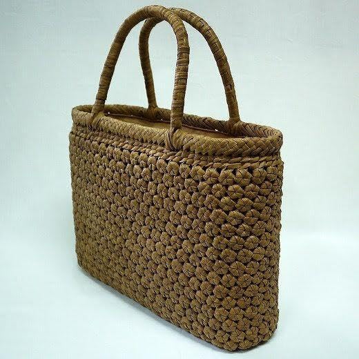 最高級 国産 山葡萄 極小粒玉六角花模様 かごバッグ国産柿渋染め内