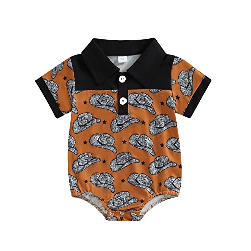 Image of KtwHarnu Western Baby Boy Clothes Cow Print Short Sleeve Button Down Shirt Romper Bodysuit Western Cowboy Outfit (A Dark Orange, 0-3 Months)