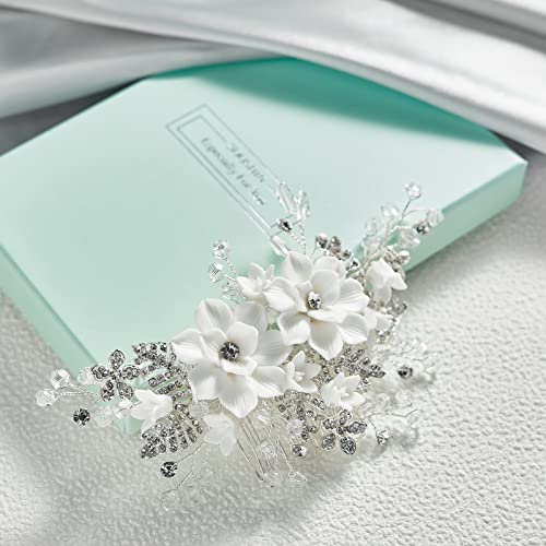Sooshin Bridal Hair Comb Porcelain Flower Wedding Hair Accessories For Brides Crystal Wedding Headpiece For Bride And Bridesmaids Rhinestone Hair Accessory For Women And Girls (Silver-B) #TOP5