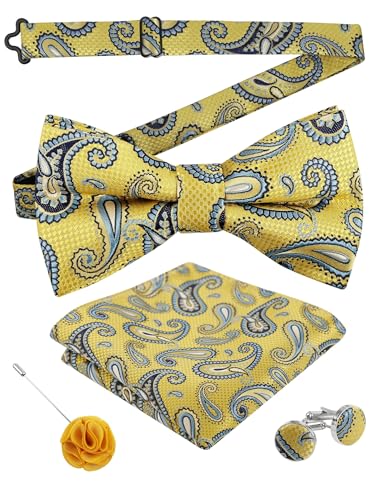Image of Alizeal Mens 4pcs Vintage Paisley Bow Tie Set | Pre-tied Pocket Square Cufflinks Boutonniere for Wedding Everyday Use