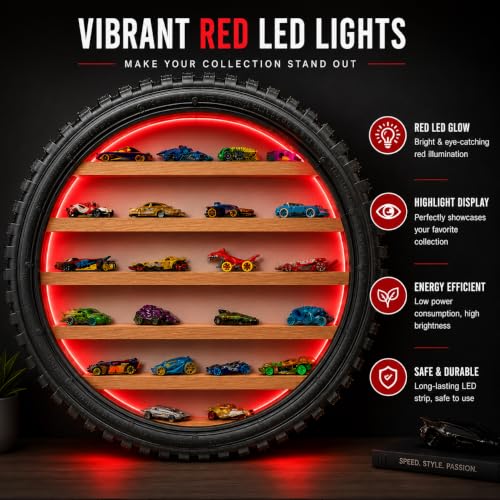 Image of Wall Mounted Tire Display Shelf with LED Lights for Kids Room | Wooden Circular Tyre Rack, Die-Cast Cars, Toy Car Organizer Storage, Handmade Tire Shape Floating Shelf