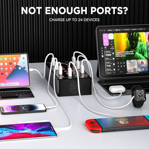 24-Port 100 watt (20 A) Charging Station for Multiple Devices, Phone Charging Station with Rapid Charging, Multiple USB Charging Station for Hotels, Schools, Shops, Shopping Malls and Travel