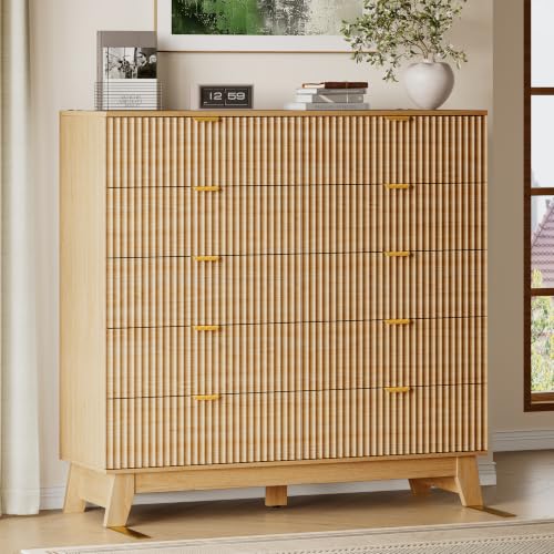 Image of BORNOON 46 inch Tall Dresser for Bedroom, 10-Drawer Fluted Chest of Drawers, Modern Wood Highboy with Metal Slides and Handles, Anti-Tip Kit, Vertical Clothes Storage Organizer for Apartment, Closet