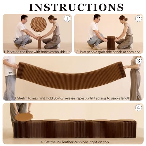 Image of Kraft Paper Rectangle Ottoman - Collapsible Stool with 3 Cushions, 330 lbs Honeycomb Folding Bench, Aesthetic Portable Stool, Entryway Bench & Space-Saving Vanity Seat (White-B, 4 Seats)