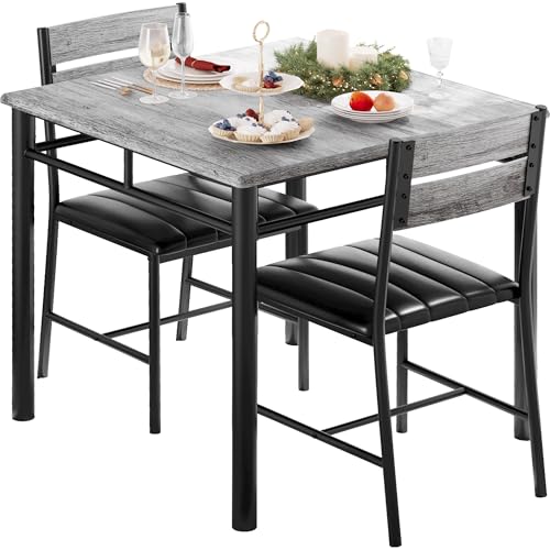 IRONCK Dining Table Set for 2, Small Kitchen Table with Upholstered Chairs for Kitchen & Dining Room, Compact Dining Set for Small Spaces, Gray