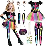 disfraz de niña muerta halloween 10 Disfraz Esqueleto para Niña, Disfraz Niña Halloween con Vestido Colorido Diadema, Extensiones de Cabello, Bolsa de Dulces, Niños Aterrador Vestido para Halloween Carnaval Cosplay (120)