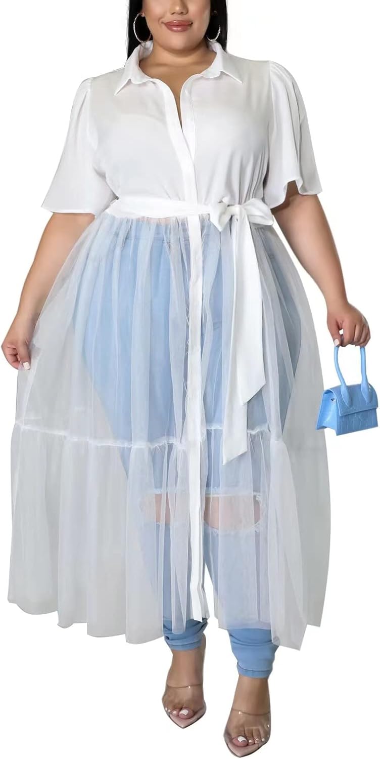 Sunlips Women's Sexy Plus Size Lapel Shirt Dresses Mesh See Through Puff Short Sleeve Flowy Swing Dress Clubwear