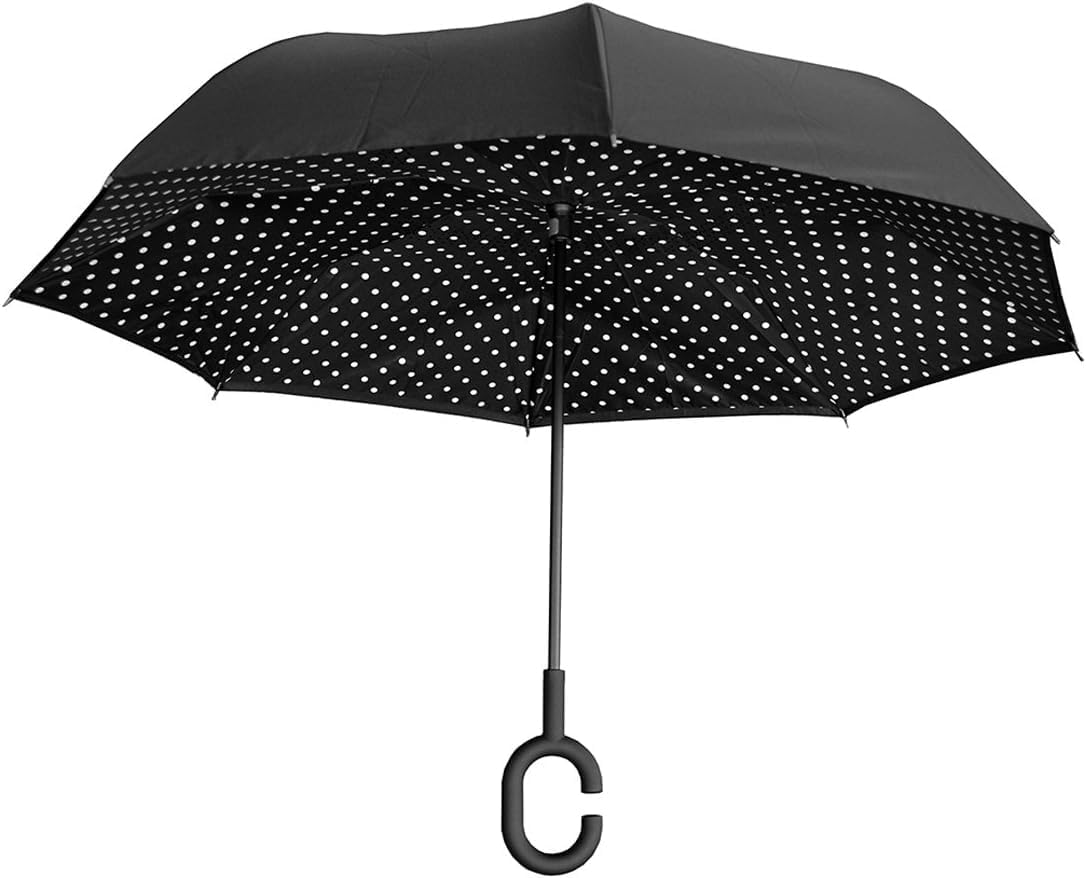 Nufoot black/White Polka Dot Topsy Turvy Inverted Umbrella, Reversible Umbrella, Car Umbrella, Inside Out Reverse Umbrella, black/White Polka Dot