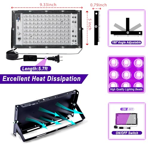 Image of 1 Pack 100W Black Light, LED Blacklight with US Plug and Switch, Black Lights for Glow None Party, Halloween,Body Painting,Fluorescent Painting and Tapestry