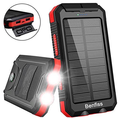 Solar Charger, Benfiss 20000mAh Portable Outdoor Waterproof Solar Power Bank with 2 Led Light Flashlights and Dual 5V USB Output Ports, External Backup Battery for Camping for Tablet Smartphones