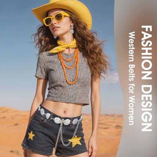 Western Belt & Western Earrings Set Metal Concho Belt Oval Vintage Cowgirl Waist Chain Belts4