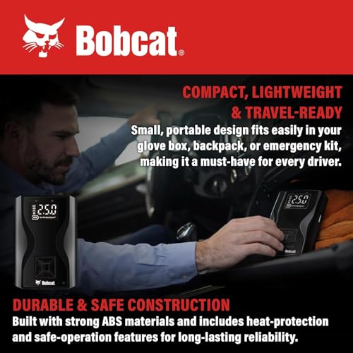 Image of Bobcat Tire Inflator Portable Air Compressor 4000 mAh - 150 PSI - Fast Inflation Cordless Air Pump for Car Tires with Digital Pressure Gauge - Portable Air Pump for Car, Motorcycles, Bikes & Balls