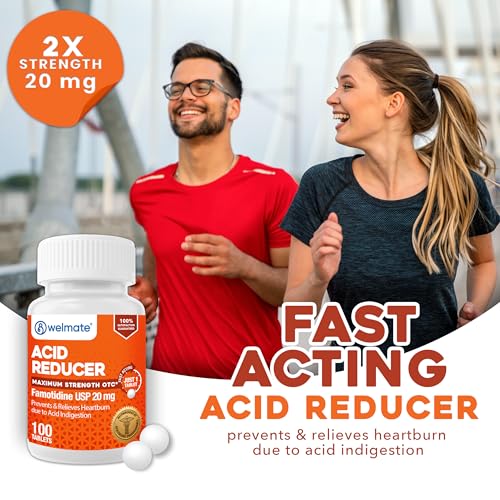 Image of WELMATE - Famotidine Acid Reducer, 20mg - Maximum Strength - Heartburn Relief - Acid Indigestion - Stomach Relief - Works in 15 Minutes, 12 Hour Relief - Generic Medication - Value Size - 100 Tablets