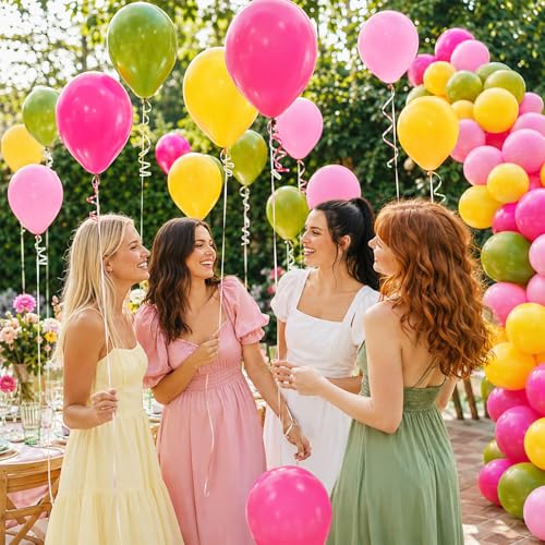 Image of Pink Yellow Green Balloons, 60 Pcs 12 Inch Olive Green Yellow Peach Pink Rose Red Latex Balloons for Summer Birthday Baby Shower Party Decorations