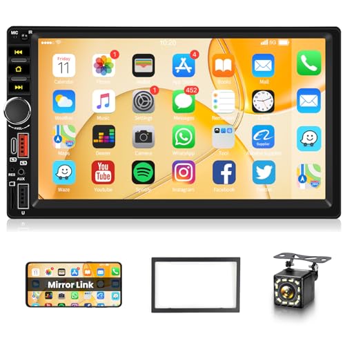 Double Din Car Stereo with Backup Camera, Frame, TF/Aux/USB/Type-C Ports, Podofo 7 inch HD IPS Touch Screen Bluetooth Radio Support Same Screen Display, Wired Mirror Link, FM, EQ Audio, SWC