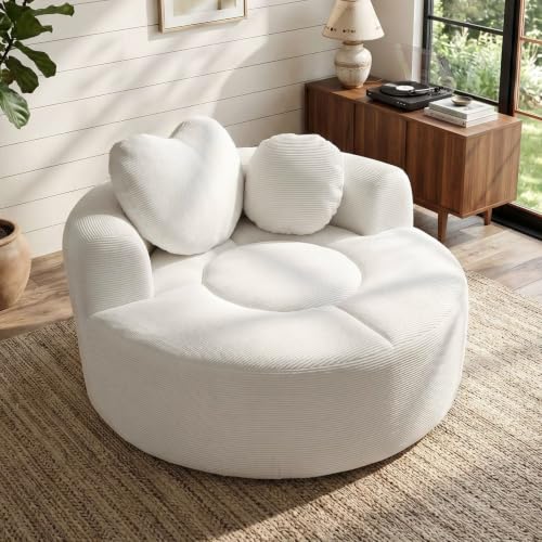 Image of Trustyue Boneless Couch,Comfy Fluffy Sofa Bed,Upholstered Sleeper Sofa with Cup Holder and Throw Pillows,Corduroy Plush Cloud Lounge Chair (Beige, Waffle Polyester)