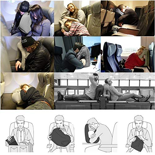 JYSW Inflatable Travel Pillow, Portable Airplane Pillow Multifunctional Neck and Head Support Lap Pillow for Airplanes Trains Buses and Office Napping (Gray)