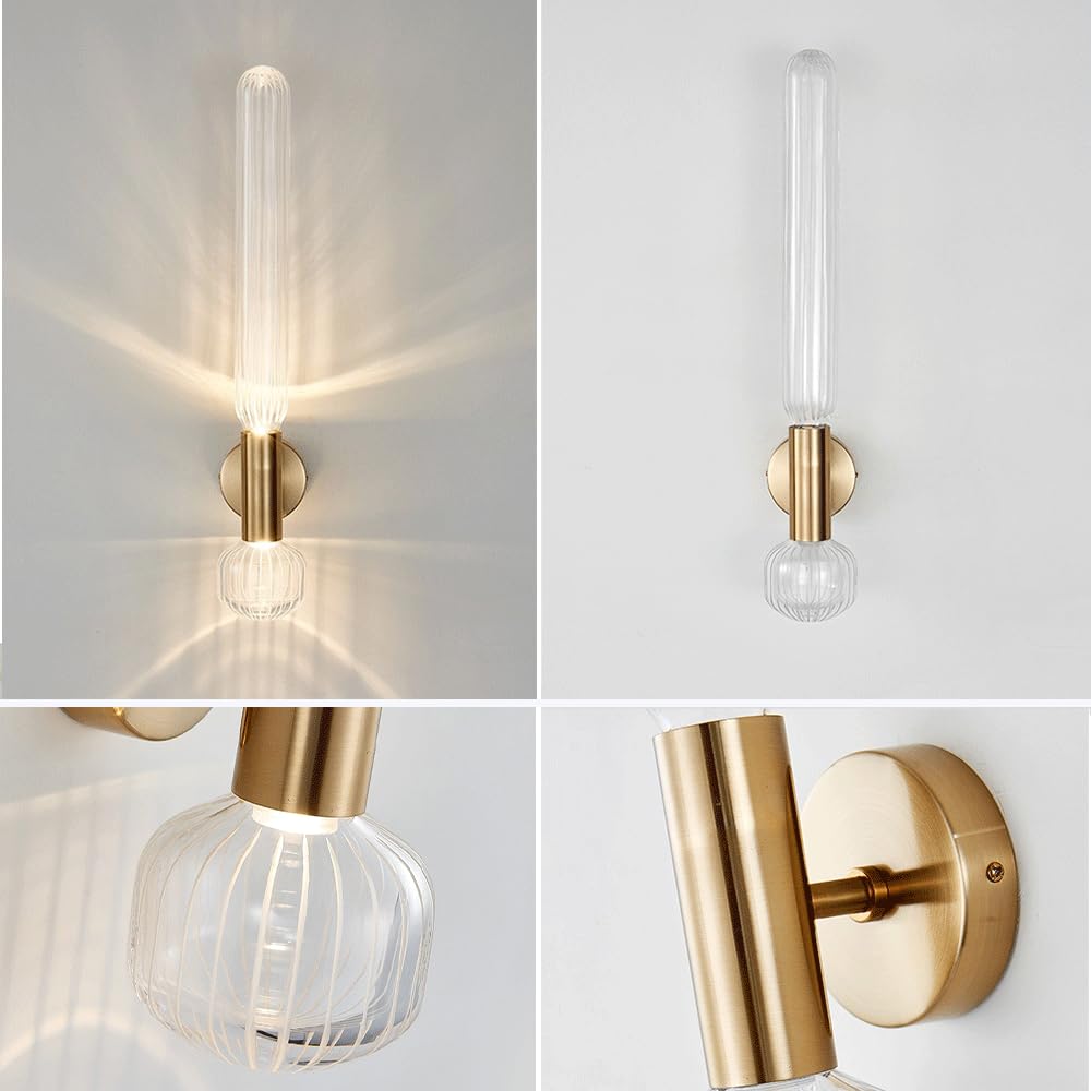 Lampada da parete a LED in oro Lampada da parete moderna in vetro a tubo lungo e lungo Lampada da parete in vetro trasparente a strisce nordiche su e giù 9W 3000K Lampada da bagno Lampada da p
