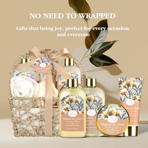 home spa gift basket bath spa kit for women with body lotion shower gel bubble bath body scrub bath salt bath bomb bath gift set for mother wife her with magnolia and jasmine scent