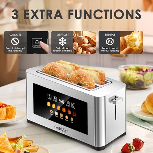Image of Long Slot Toaster 4 Slice, Geek Chef 1.5 inch Touch Screen Extra Wide Slots for Bagels & Waffles, 6 Browning Levels, Timer, Reheat, Defrost, Cancel Function, Removable Crumb Tray, Stainless Steel