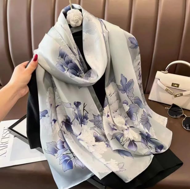 Image of Women's Floral Printed Silk Scarf | Premium Soft Lightweight Stole & Shawl | Fashion Neck Wrap for Wedding, Evening, Travel & Daily Wear | 180 x 90 cm