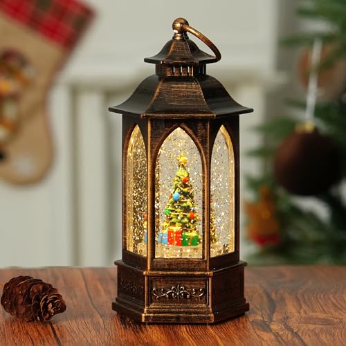 Christmas Snow Globe Lantern Water Glittering Christmas Tree Crown with Music, USB Lined/Battery Operated Lighted Lantern for Christmas Festival Decoration Gifts