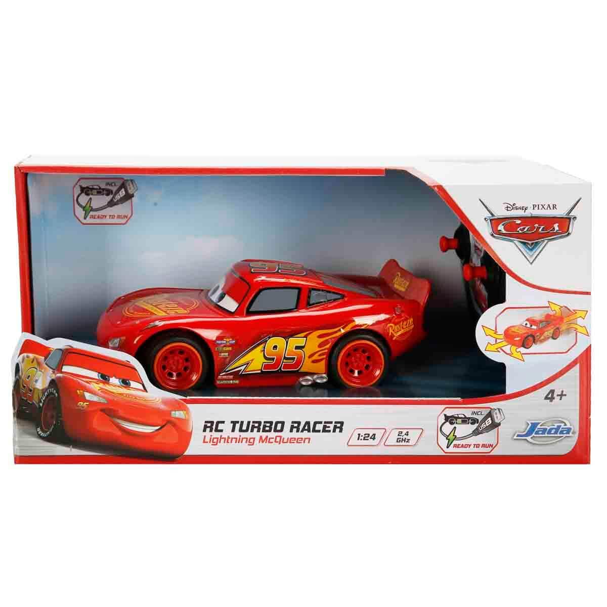Jada Toys RC Cars 3 Lightning McQueen Turbo Racer, RC Auto, ferngesteuertes Auto mit 2-Kanal Fernbedienung, Spielzeugauto mit Turbofunktion, USB Ladefunktion, inkl. Batterien, Maßstab 1:24, 17 cm