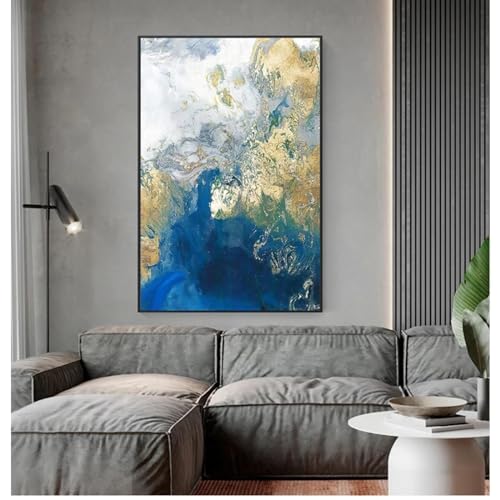 Art décoration bleu doré KEBIA : toile abstraite océan nordique contemporaine 50x70 cm sans cadre