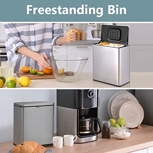 Land·voi Hanging Kitchen Compost Bin 6 Liter/1.6 Gallon, Small Trash Can With Detachable Inner Bucket For Cupboard/Countertop/Bathroom/Camping, Includes Charcoal Filter, Brushed Stainless Steel #TOP4