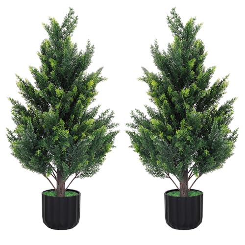 3Ft Artificial Cedar Topiary Trees,2 Pack Tall Faux Pine Cypress Plants for Front Porch...
