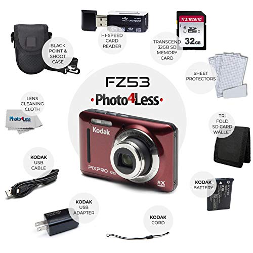 Kodak PIXPRO FZ53 16.15MP Digital Camera (Red) + Black Point & Shoot Case + Transcend 32GB UHS-I U1 SD Memory Card & More! - Image 3